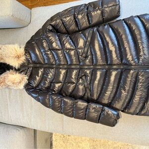 Moncler Shiny Black Puffer Jacket with Tan Fur Collar